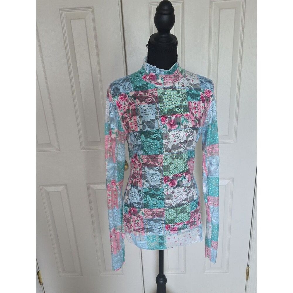 Floral Patchwork Long-Sleeve Mock Neck Top - Pink, Teal & White
